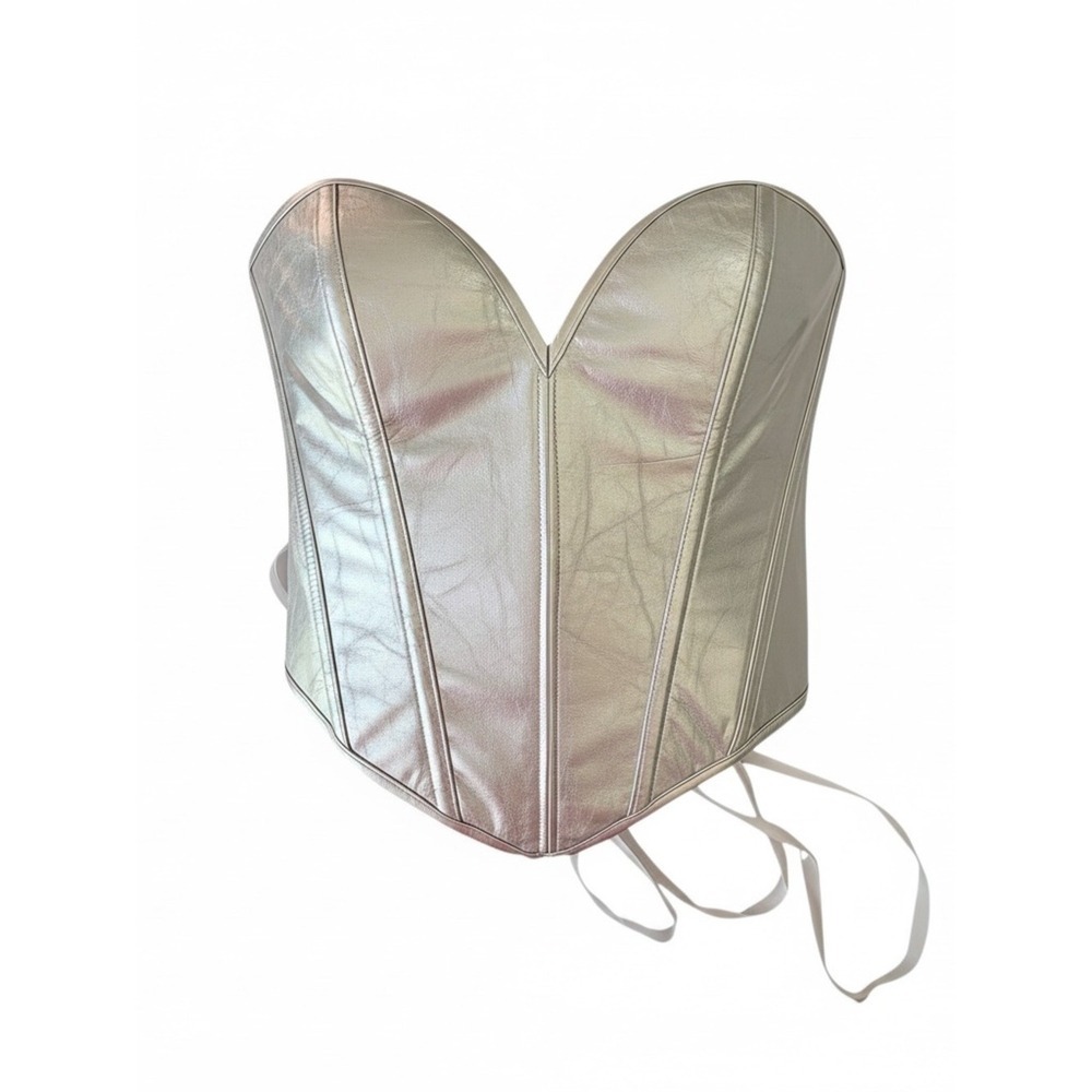 Y2K Silver Metallic Corset Top Strapless Bustier Lace Up Boned Festival‎ Rave S